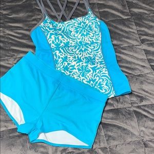 blue and white tankini with shorts bottoms
